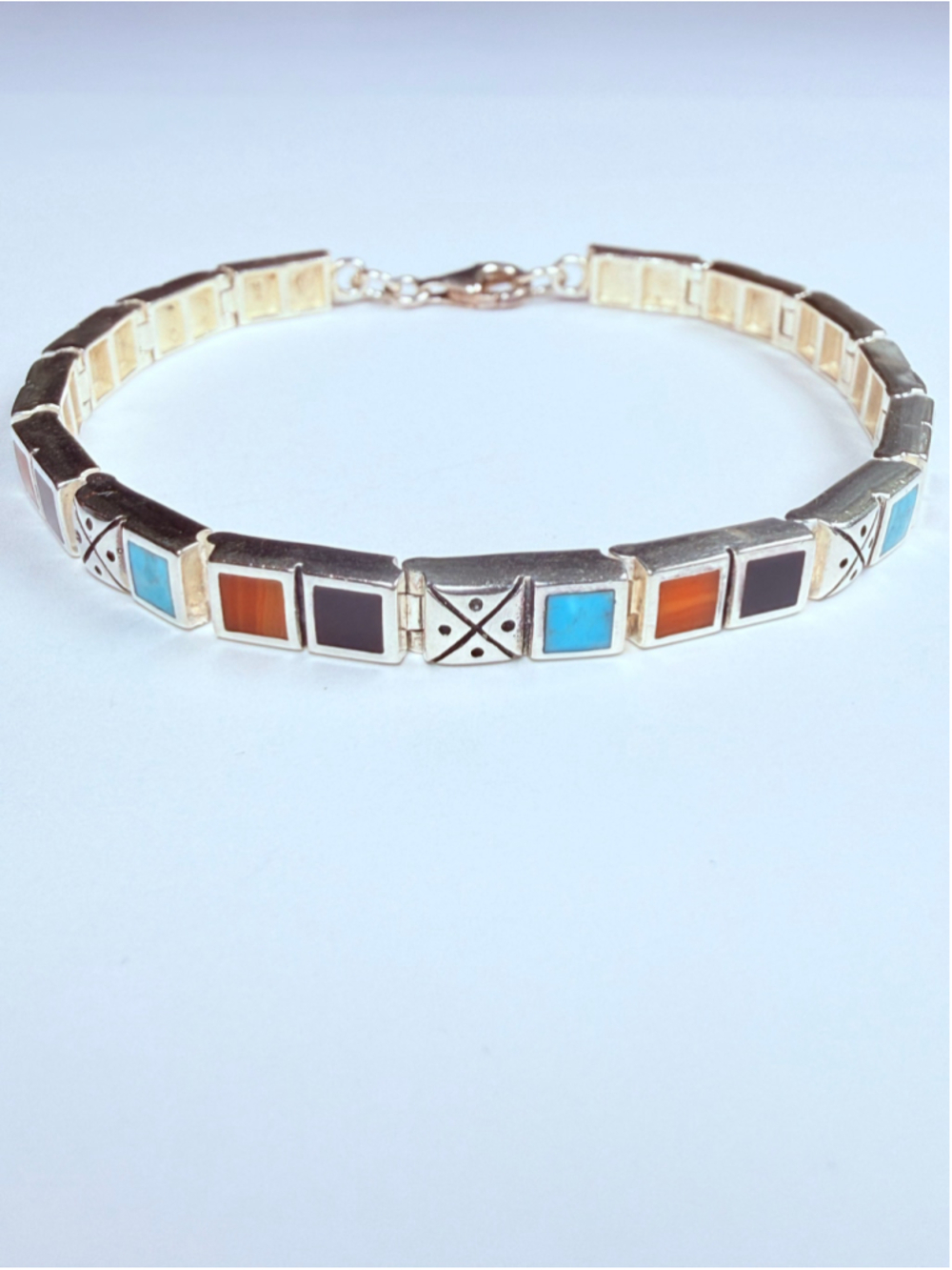 Southwestern Turquoise Onyx Spiny Oyster 925 Sterling Silver VTG Panel Bracelet